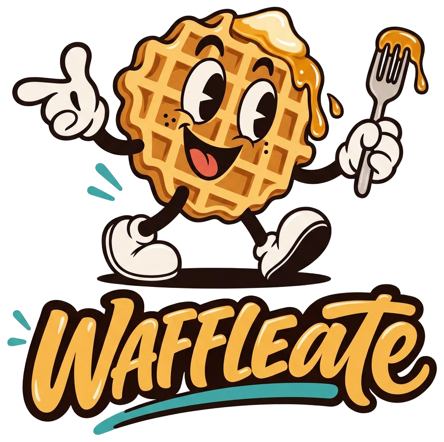 Logo de WAFFLEATE: waffle sonriente con el nombre de la marca