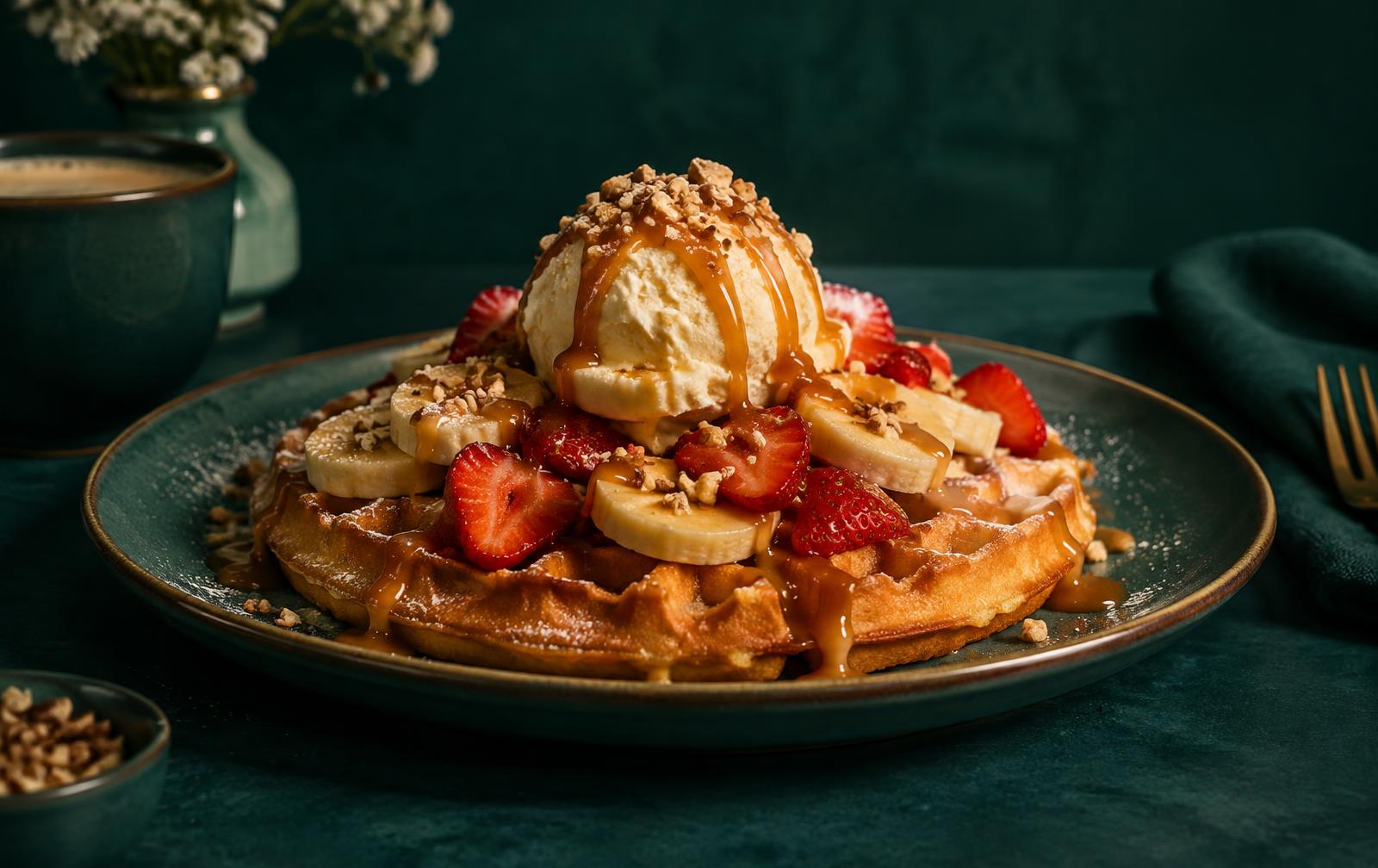 Waffle con fresas, banano, helado y arequipe de WAFFLEATE